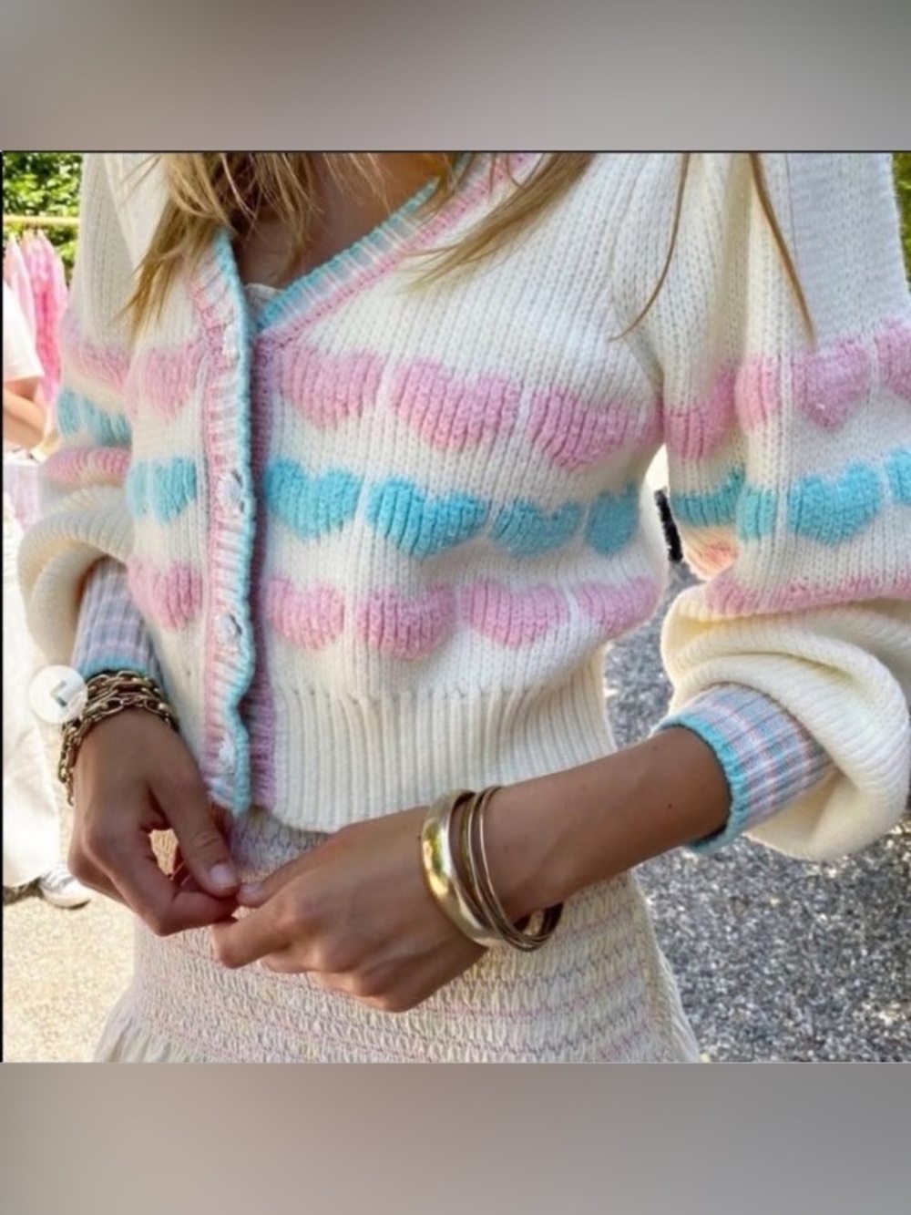 LoveShackFancy Cream Cardigan with Pink and Teal Heart Stripes